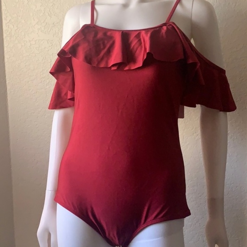 New Off the Shoulder Red Ruffle One Piece Swimsuit